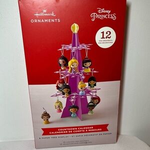 Hallmark DISNEY PRINCESS Countdown Calendar 12 Mini Ornaments Tree Display. New